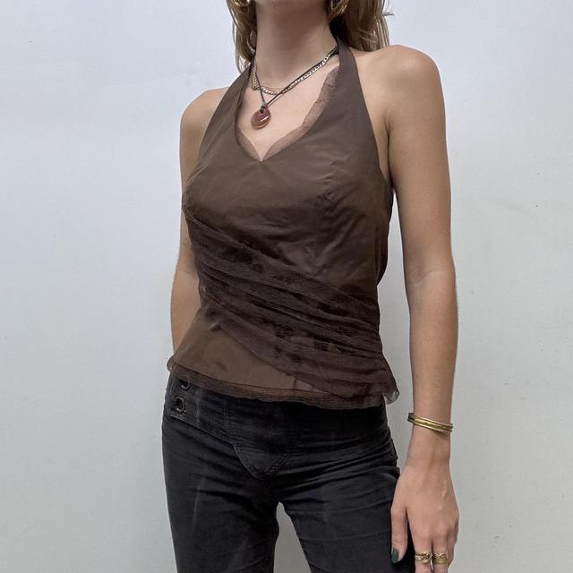 Brown fitted mesh halter vest