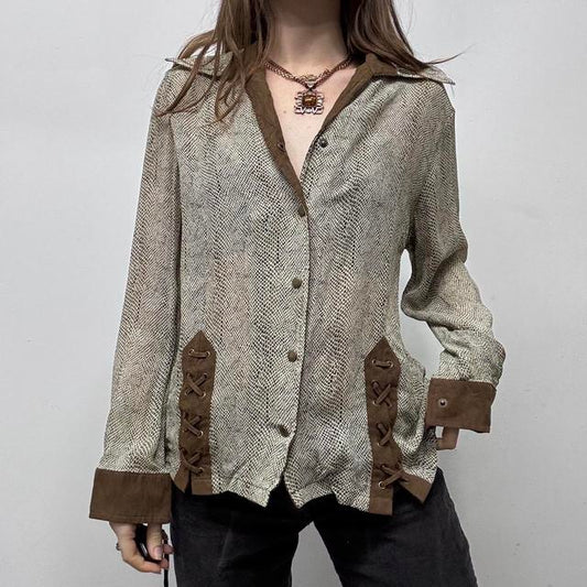 Brown snake patterned lace up shirt
