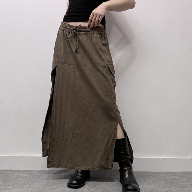 Khaki linen cargo maxi skirt