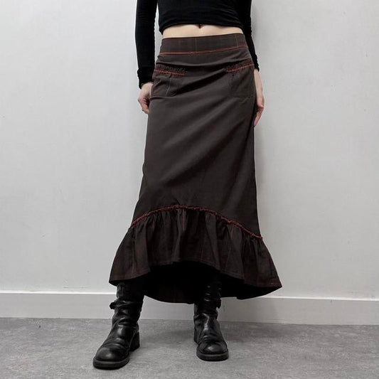 Brown flared tech maxi skirt