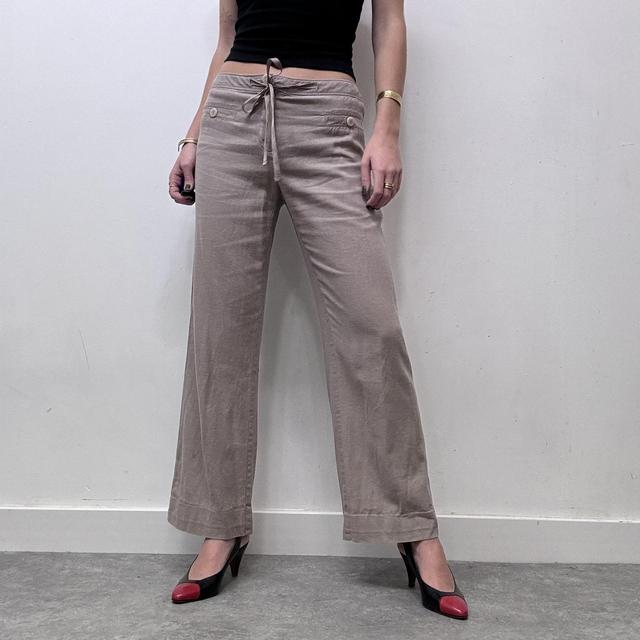 Beige flared wide leg linen trousers