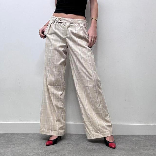 Beige flared wide leg checked suit trousers
