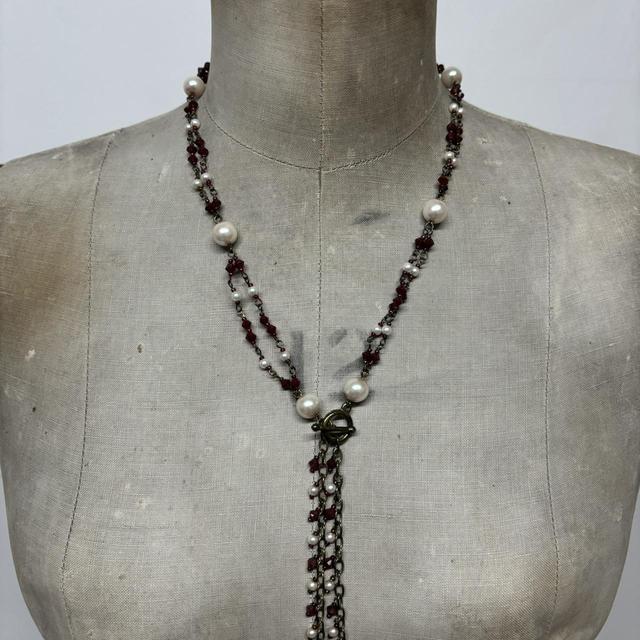 Layered chain pearl charm necklace