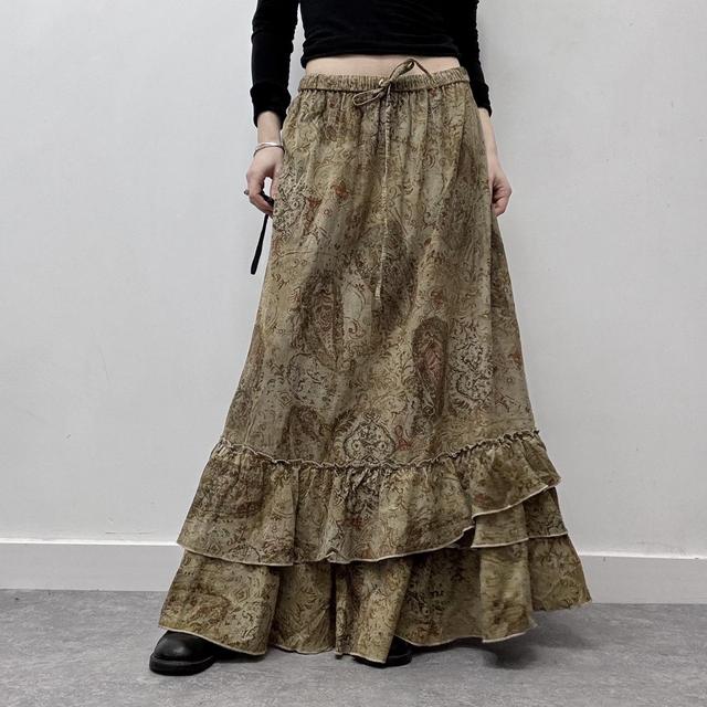 Corduroy flared ruffle paisley maxi skirt