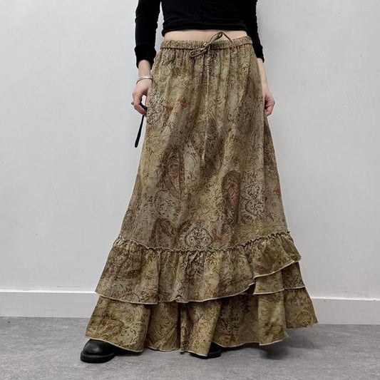 Corduroy flared ruffle paisley maxi skirt
