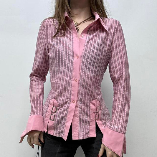 Pink pinstriped flared buckle shirt