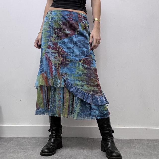 Blue printed graphic mesh y2k midi skirt