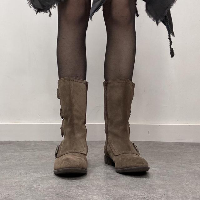 Brown suede buckle boots