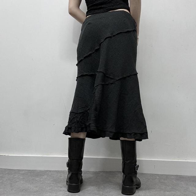 Grey wool tweed flared lace midi skirt