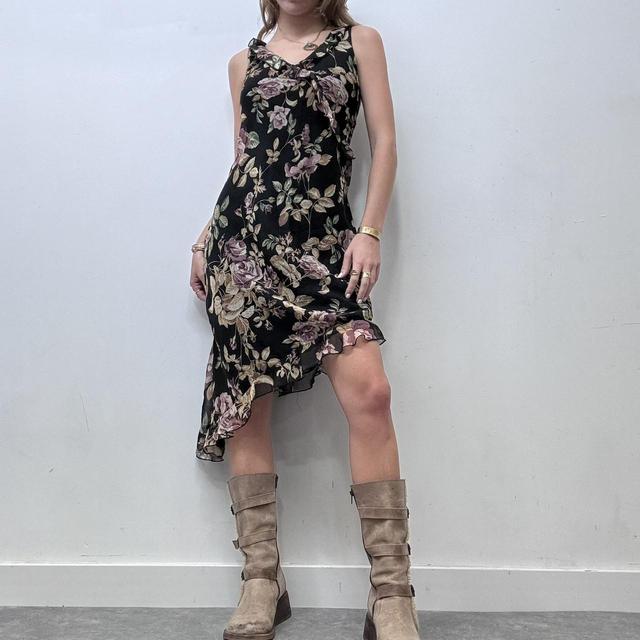 Black sheer ruffle floral printed midi dress