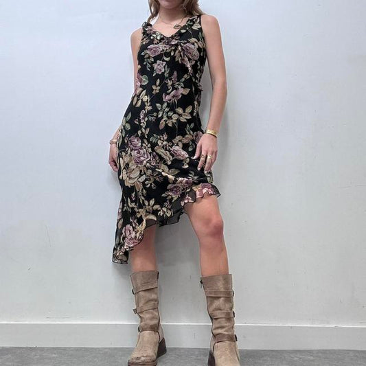 Black sheer ruffle floral printed midi dress