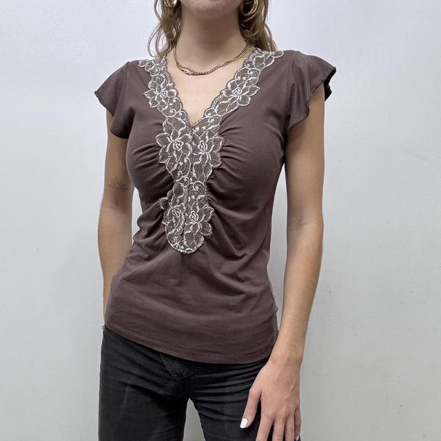 Cinched brown lace ruffle top