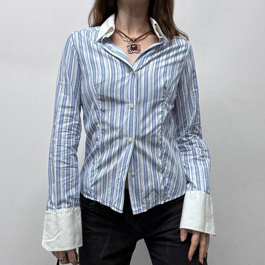 Blue pinstripe flared office shirt