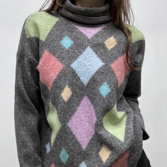 Grey wool slouchy oversized argyle jumper