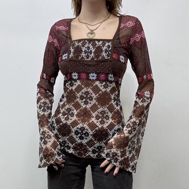 Graphic printed y2k flared mesh shirt