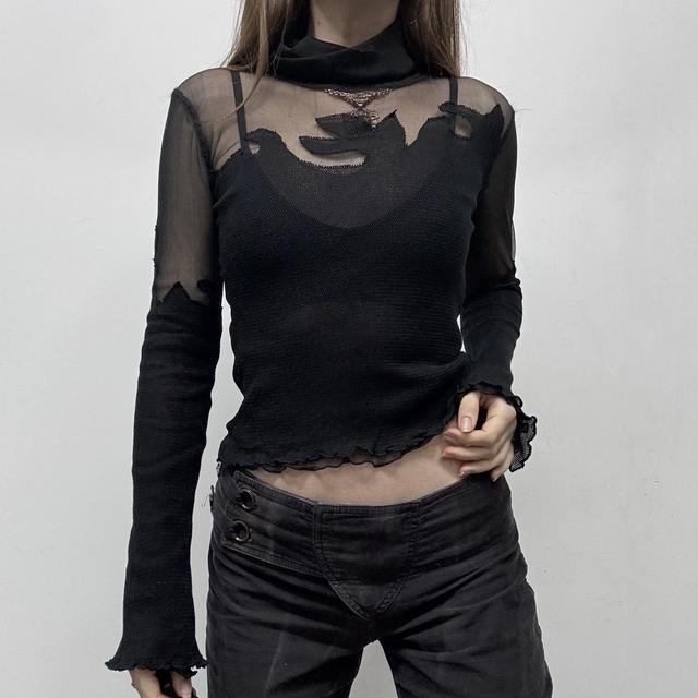 Black sheer mesh layered ruffle shirt