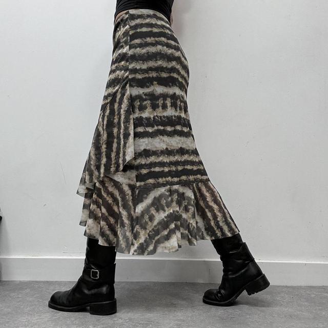 Sheer mesh distressed print ruffle midi skirt