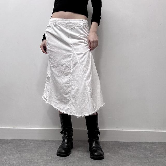 White flared distressed midi skirt
