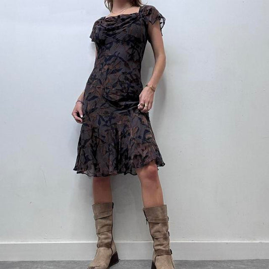 Draped cowl neck floral velvet silk dress