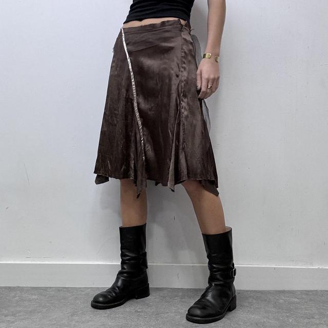 Brown satin asymmetric ribbon midi skirt