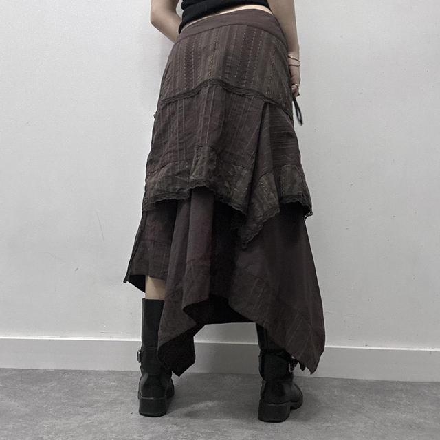 Asymmetric brown pinstripe layered maxi skirt
