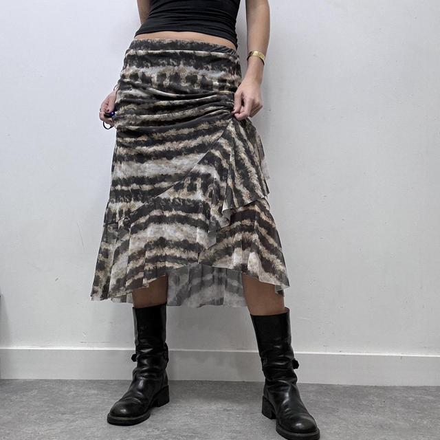Sheer mesh distressed print ruffle midi skirt