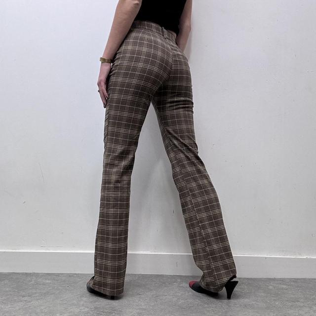 Brown tartan checked flared leg trousers