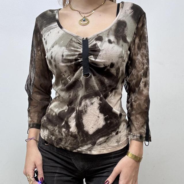 Sheer distressed grunge print mesh top