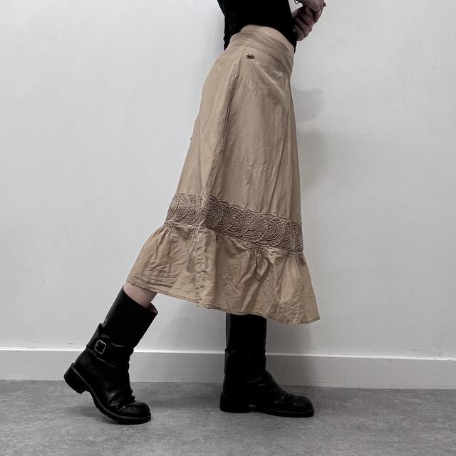Tan silk pleated flared skirt