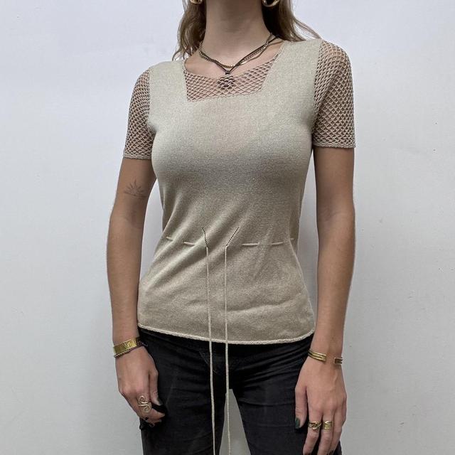 Brown sheer lace crochet bow knit top