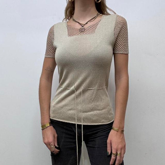 Brown sheer lace crochet bow knit top