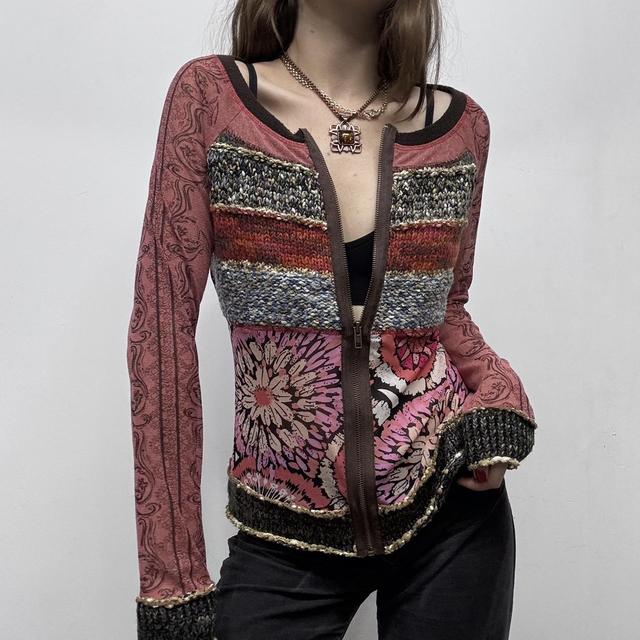 Graphic patterned sheer zip cardigan
