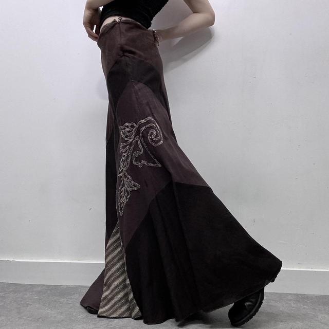 Brown pinstripe patchwork asymmetric skirt