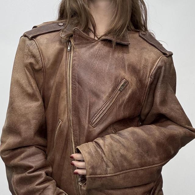 Brown leather slouchy biker jacket