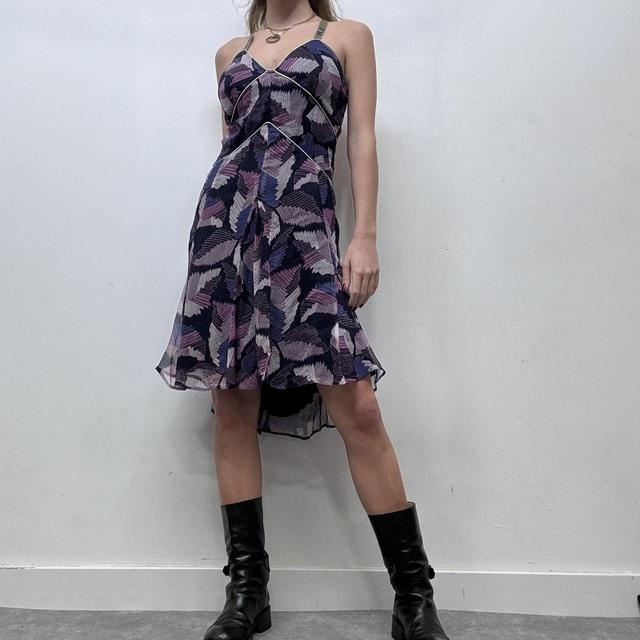 Graphic patterned flared silk flutter dress