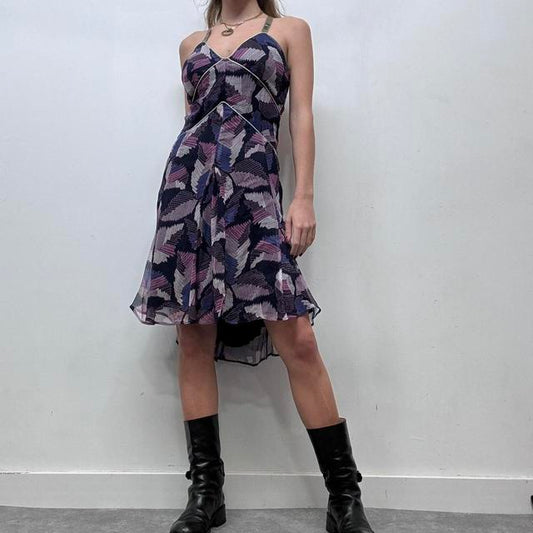 Graphic patterned flared silk flutter dress