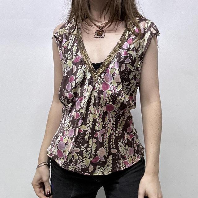 Brown floral printed silk fairy top