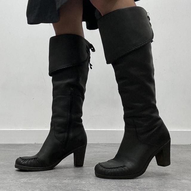 Black square toe leather boots