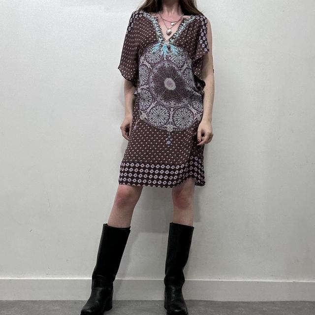 Brown silk patterned beach dress