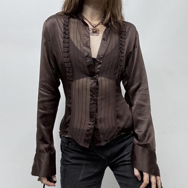 Brown sheer silk pinstripe ruffle shirt
