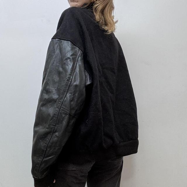 Black leather varisty bomber jacket