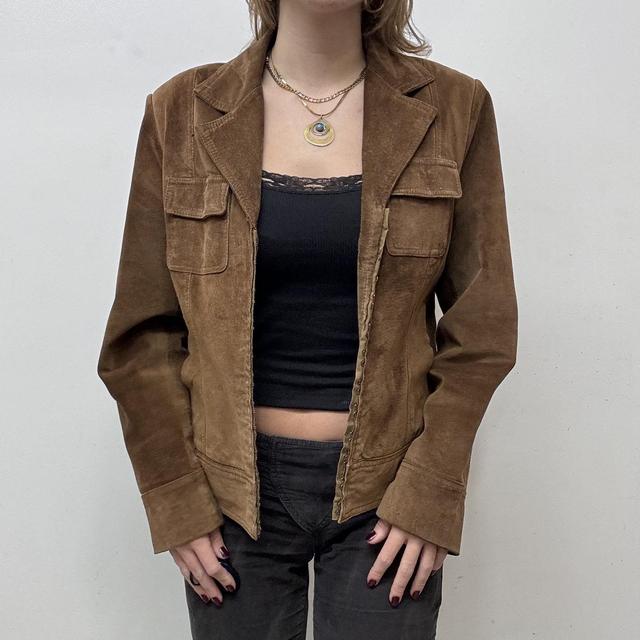 Brown suede blazer jacket corset hook and eye front