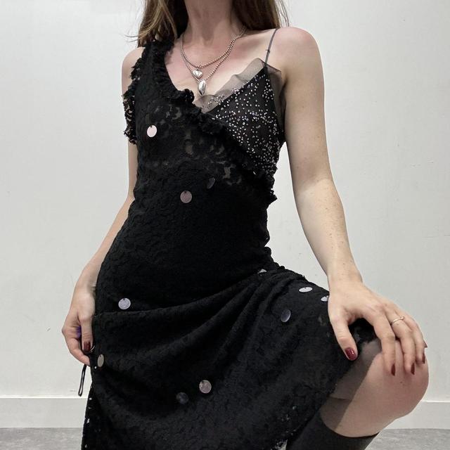 Black lace beaded bias cut dress