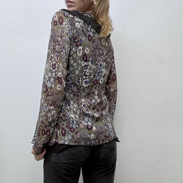 Sheer ruffle khaki fairy floral blouse