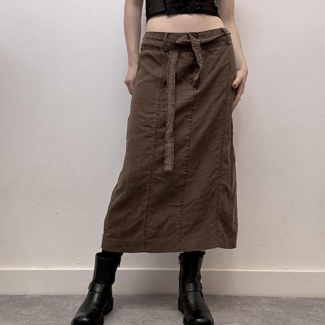 Brown linen lace midi skirt