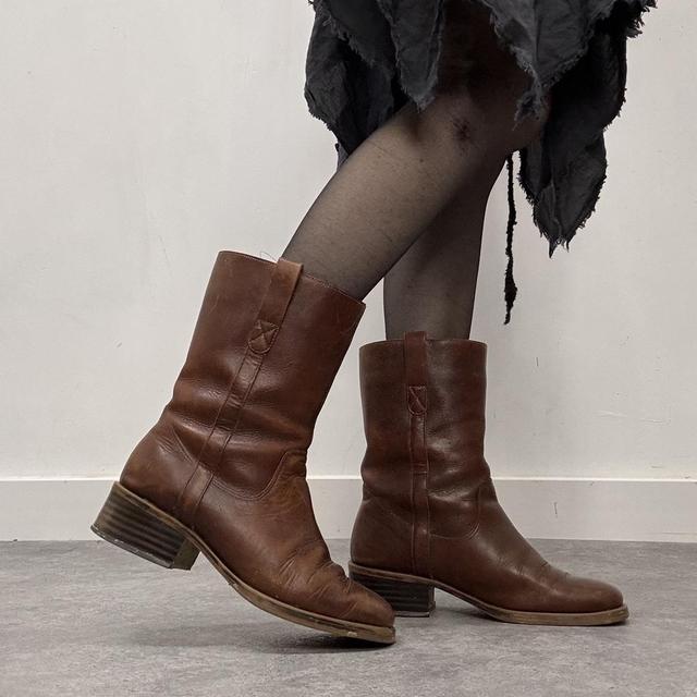 Brown leather square toe boots