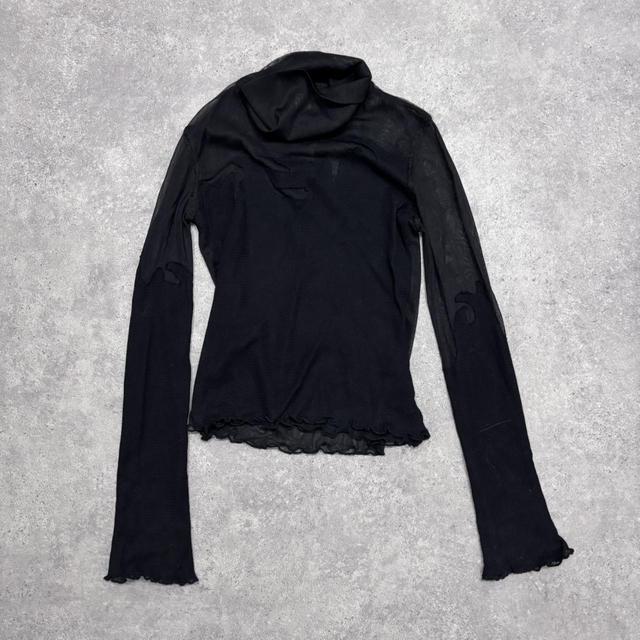 Black sheer mesh layered ruffle shirt