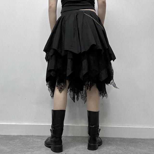 Black lace puff asymmetric grunge midi skirt