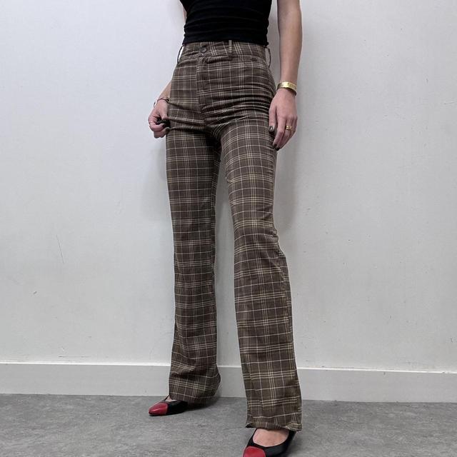 Brown tartan checked flared leg trousers