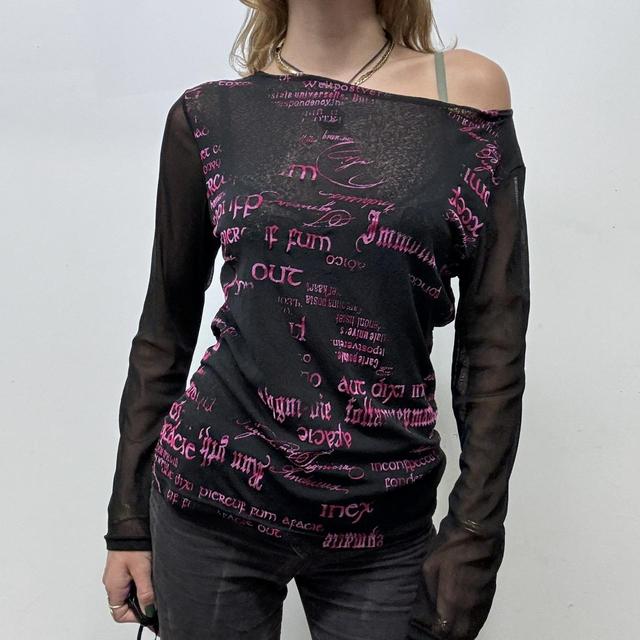 Sheer black micro mesh text top